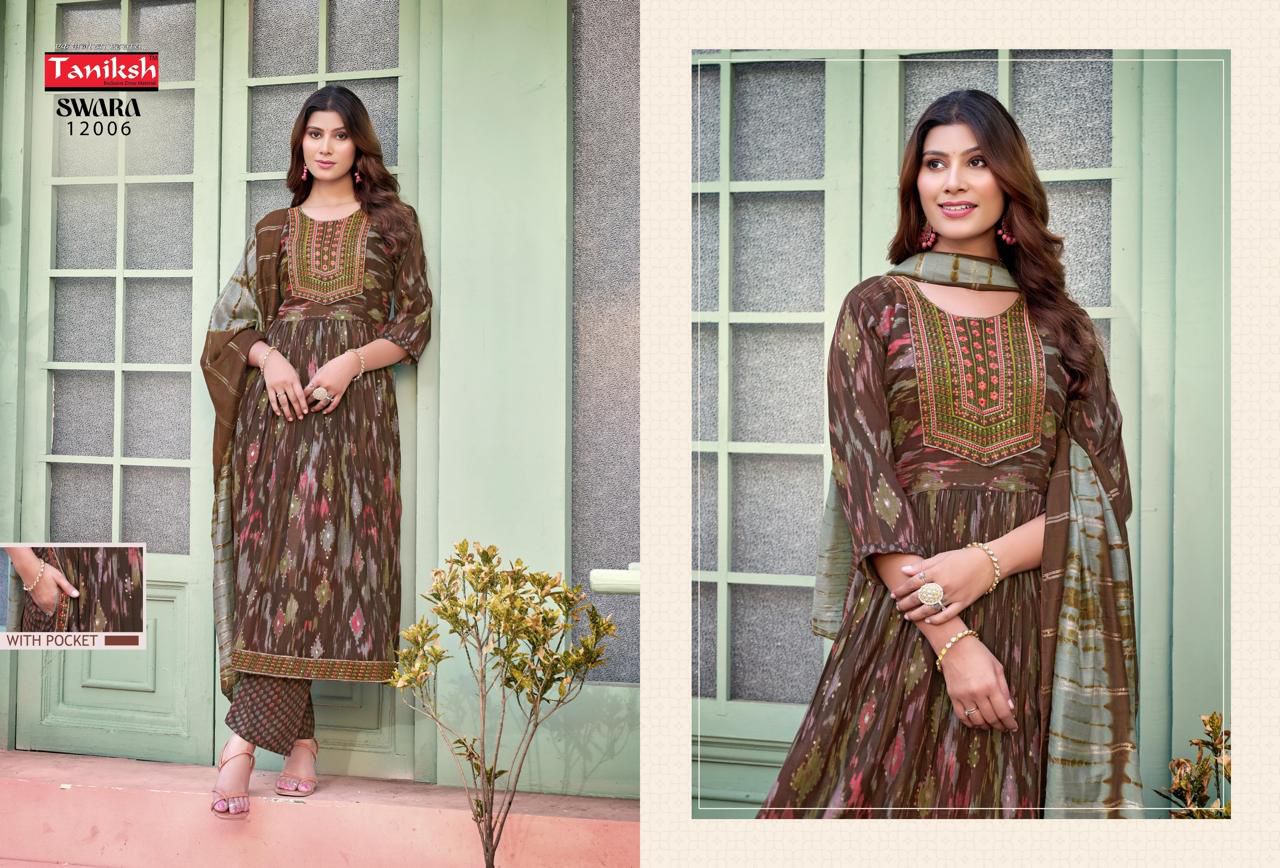 Swara Vol 12 By Taniksh Rayon Embroidery Kurti With Bottom Dupatta Wholesale Price In Surat
